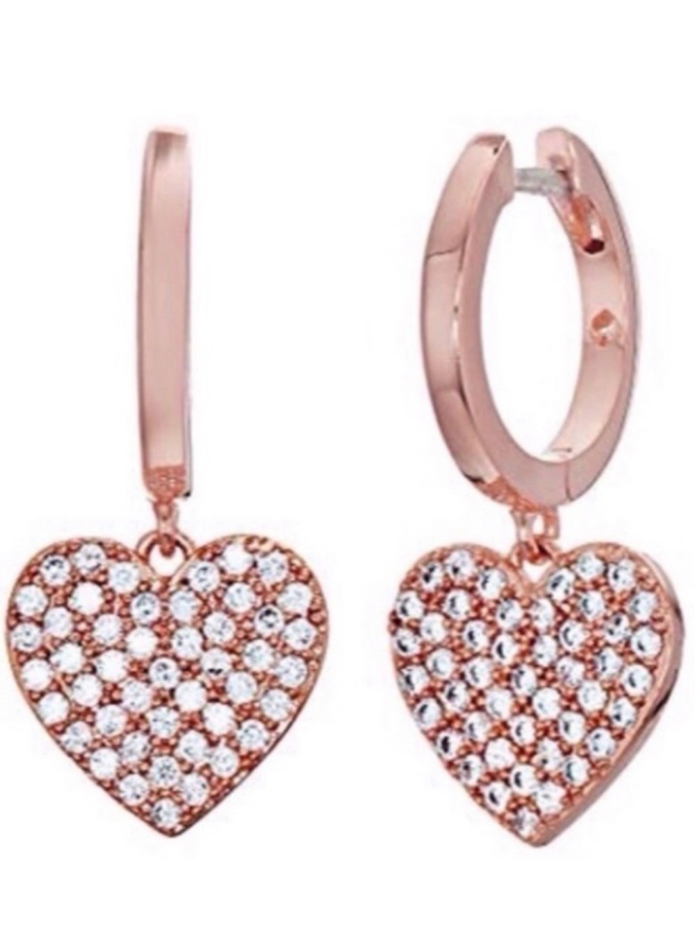 Kate Spade Rose Gold Heart Pavé Hoop Huggie Drop Earrings